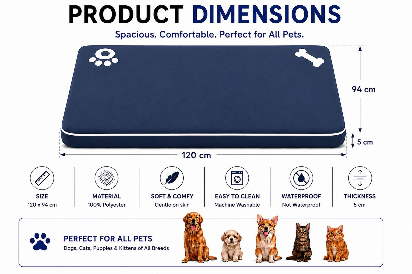 Bone & Paw Print Washable Pet Bed for Dogs and Cats Soft 100% Polyester Sleeping Cushion with Removable Zipper