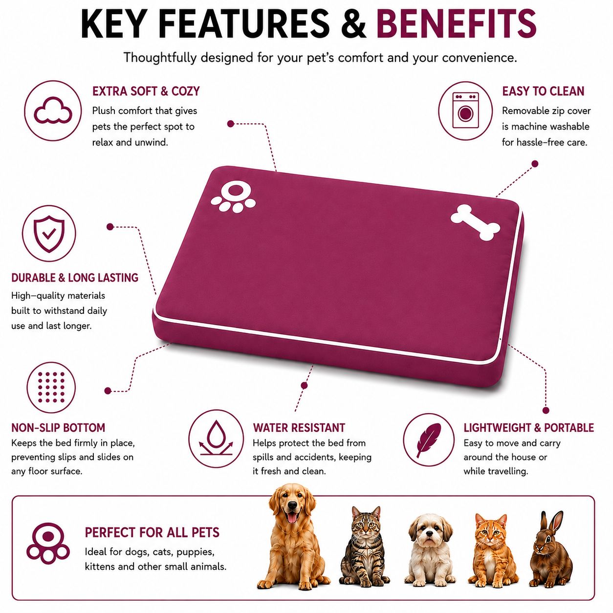Bone & Paw Print Washable Pet Bed for Dogs and Cats Soft 100% Polyester Sleeping Cushion with Removable Zipper