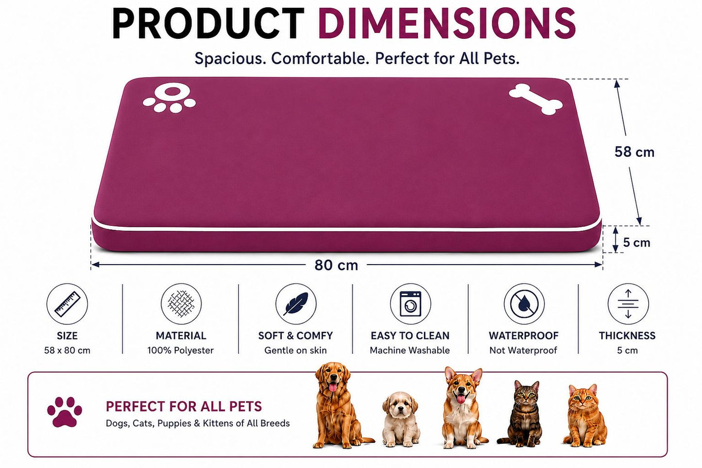 Bone & Paw Print Washable Pet Bed for Dogs and Cats Soft 100% Polyester Sleeping Cushion with Removable Zipper