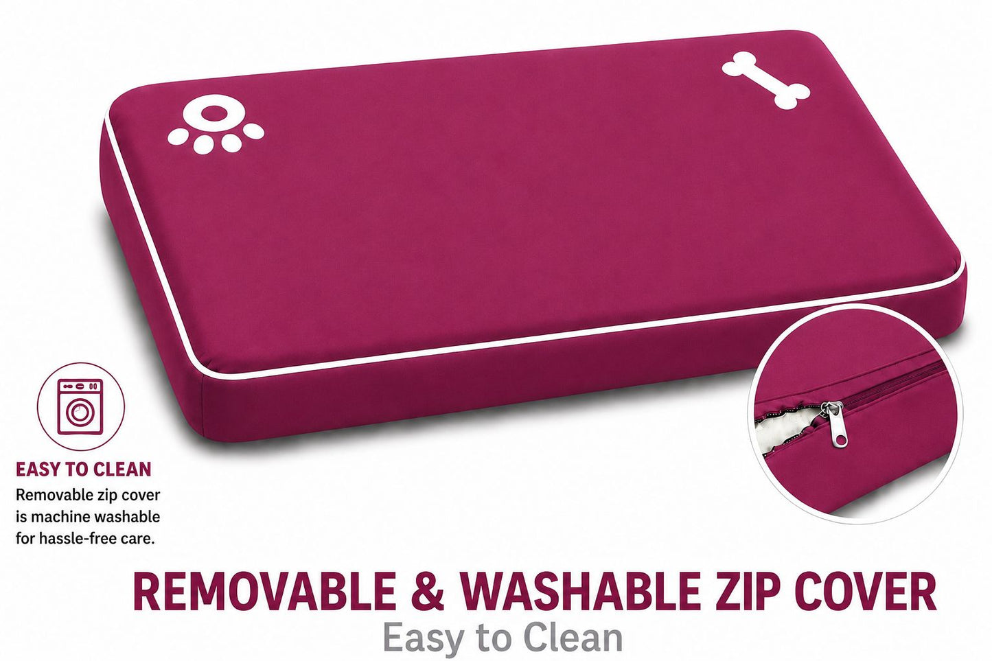 Bone & Paw Print Washable Pet Bed for Dogs and Cats Soft 100% Polyester Sleeping Cushion with Removable Zipper