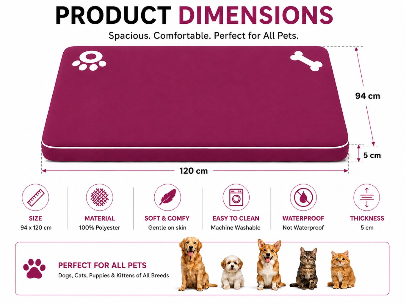 Bone & Paw Print Washable Pet Bed for Dogs and Cats Soft 100% Polyester Sleeping Cushion with Removable Zipper