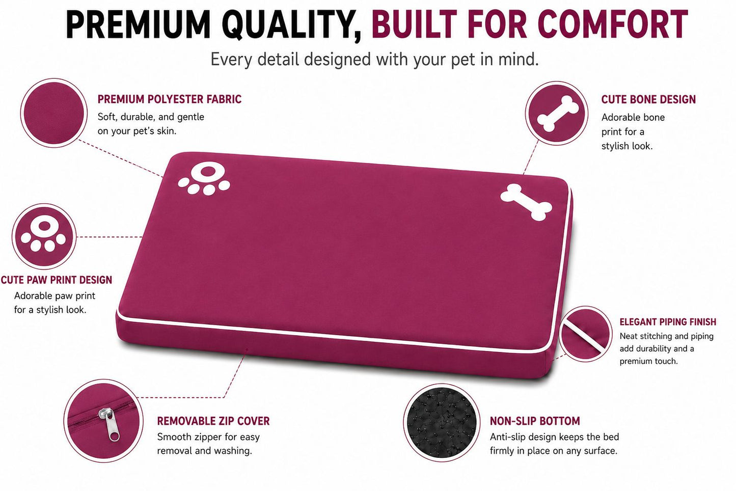 Bone & Paw Print Washable Pet Bed for Dogs and Cats Soft 100% Polyester Sleeping Cushion with Removable Zipper