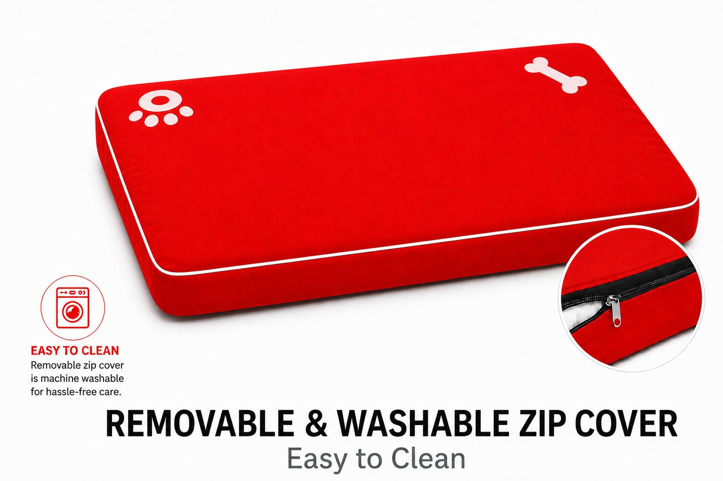 Bone & Paw Print Washable Pet Bed for Dogs and Cats Soft 100% Polyester Sleeping Cushion with Removable Zipper