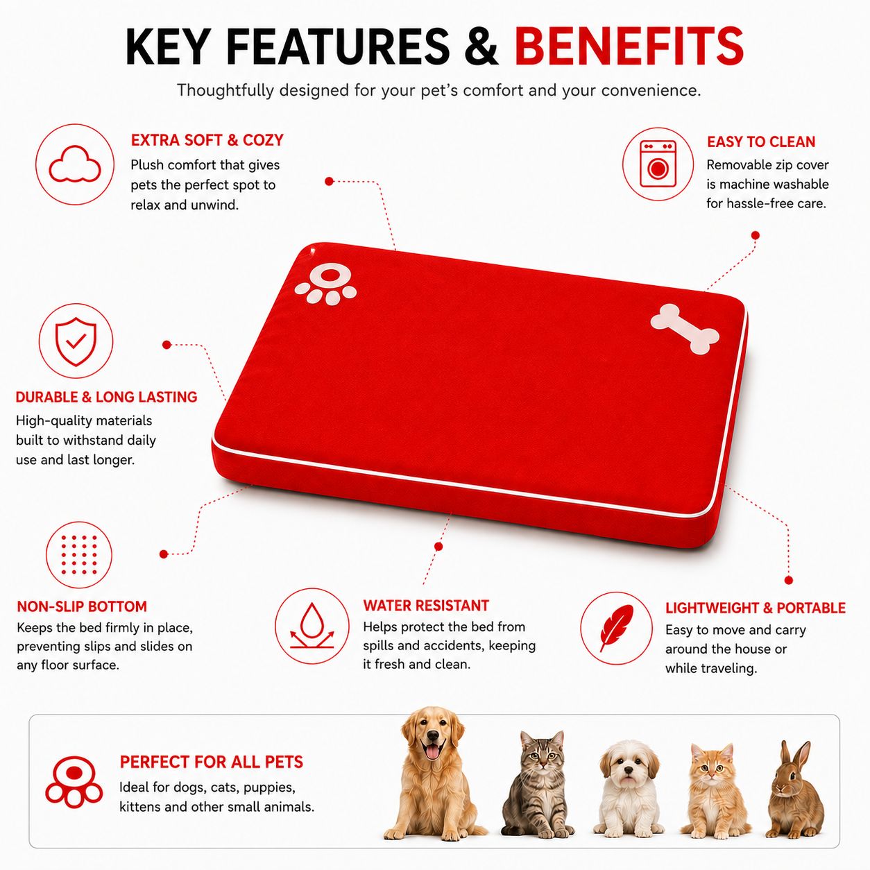 Bone & Paw Print Washable Pet Bed for Dogs and Cats Soft 100% Polyester Sleeping Cushion with Removable Zipper