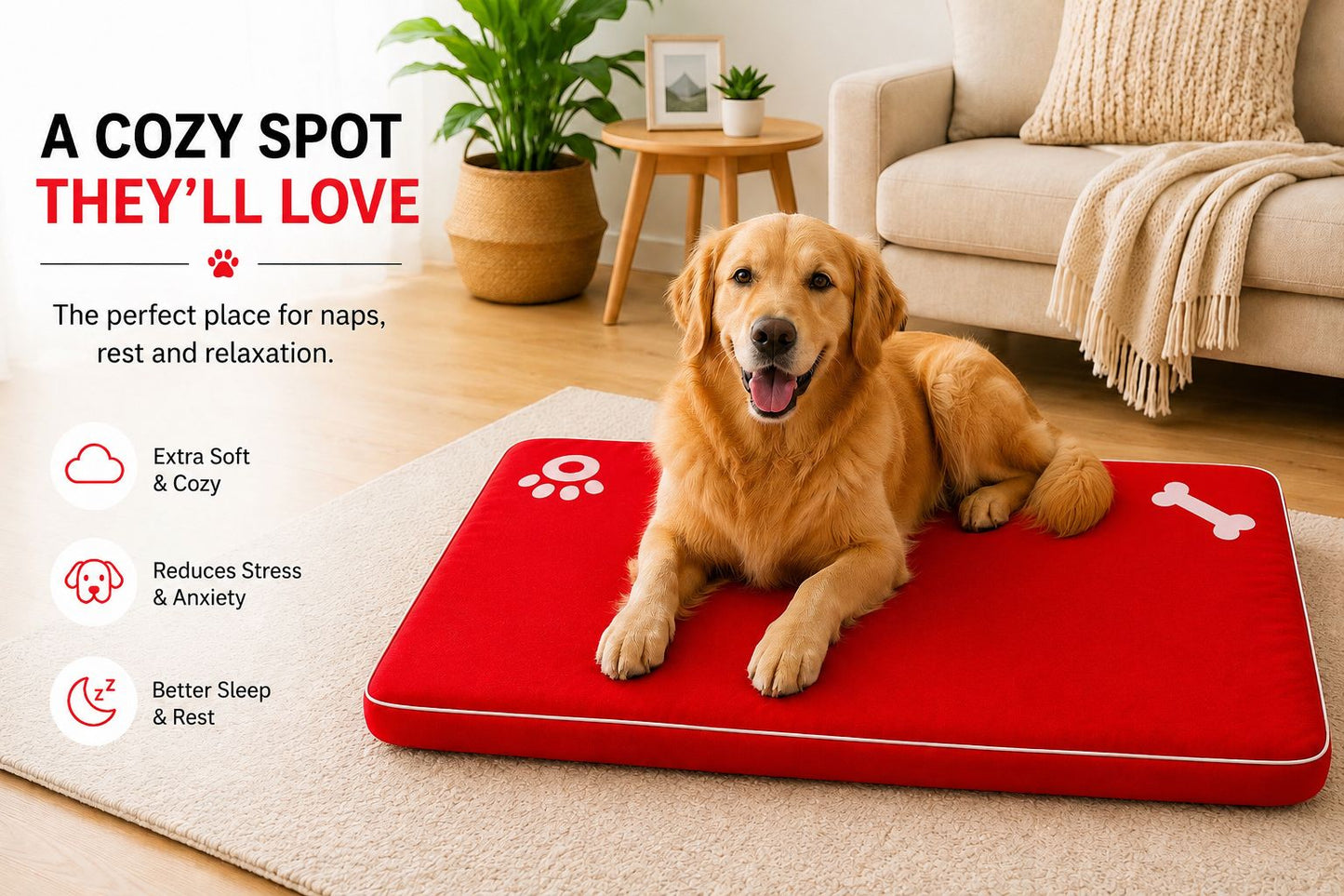 Bone & Paw Print Washable Pet Bed for Dogs and Cats Soft 100% Polyester Sleeping Cushion with Removable Zipper
