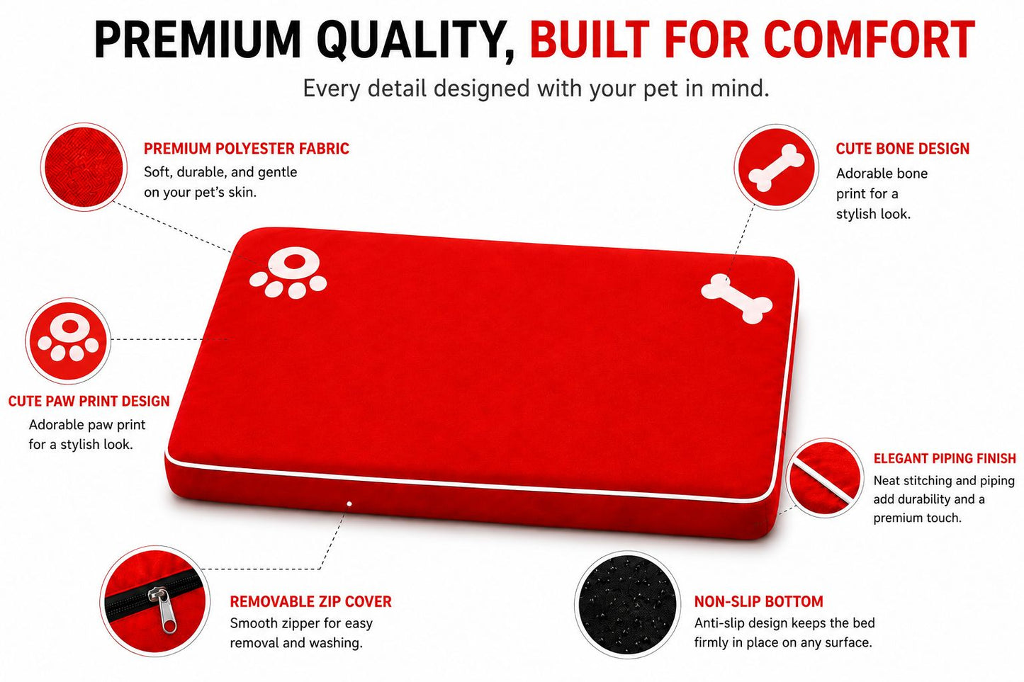 Bone & Paw Print Washable Pet Bed for Dogs and Cats Soft 100% Polyester Sleeping Cushion with Removable Zipper
