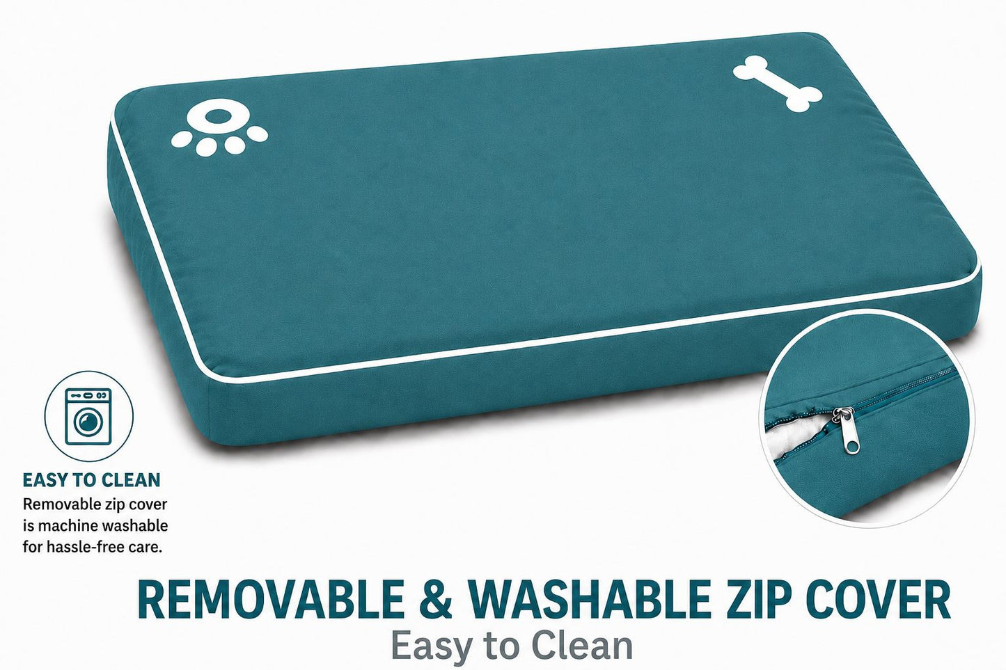 Bone & Paw Print Washable Pet Bed for Dogs and Cats Soft 100% Polyester Sleeping Cushion with Removable Zipper