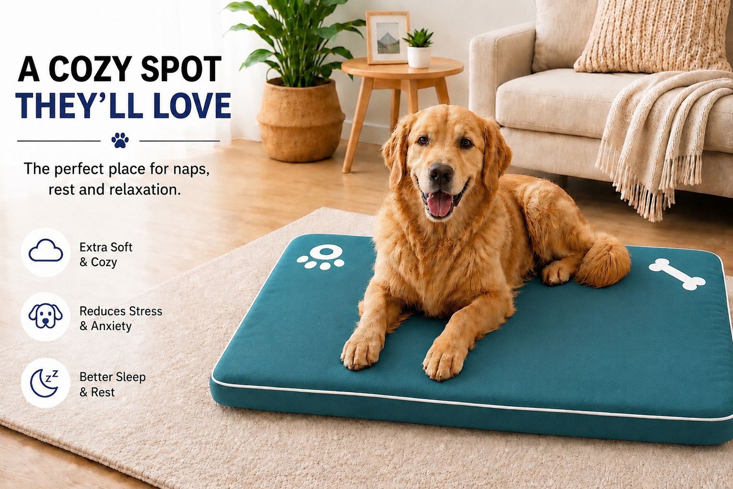 Bone & Paw Print Washable Pet Bed for Dogs and Cats Soft 100% Polyester Sleeping Cushion with Removable Zipper