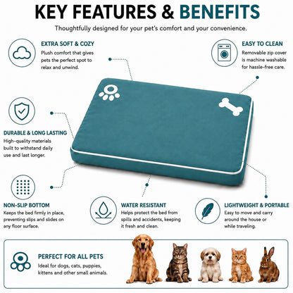 Bone & Paw Print Washable Pet Bed for Dogs and Cats Soft 100% Polyester Sleeping Cushion with Removable Zipper