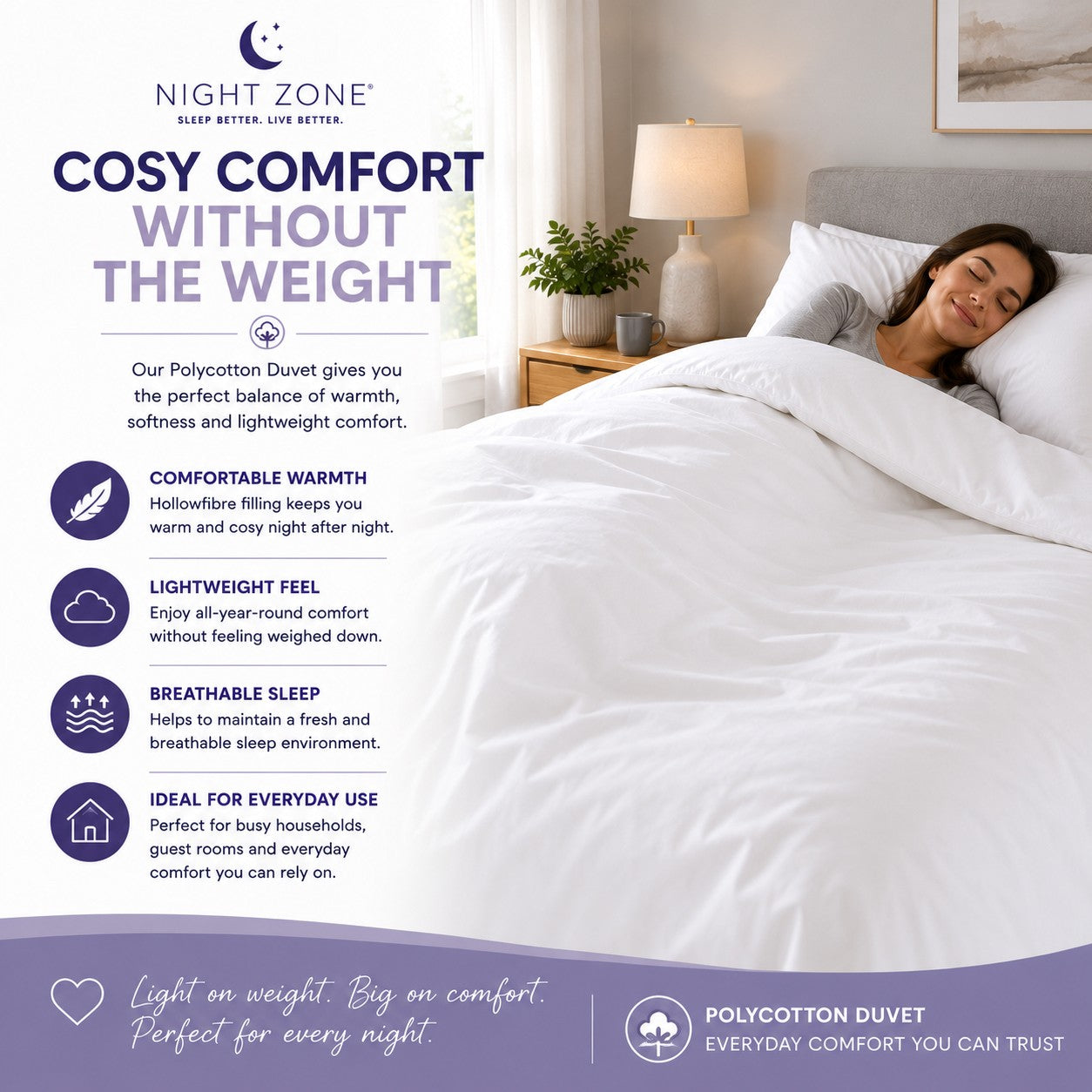 Hollowfibre Duvet – Soft Polycotton Lightweight Warm Bedding | Night Zone