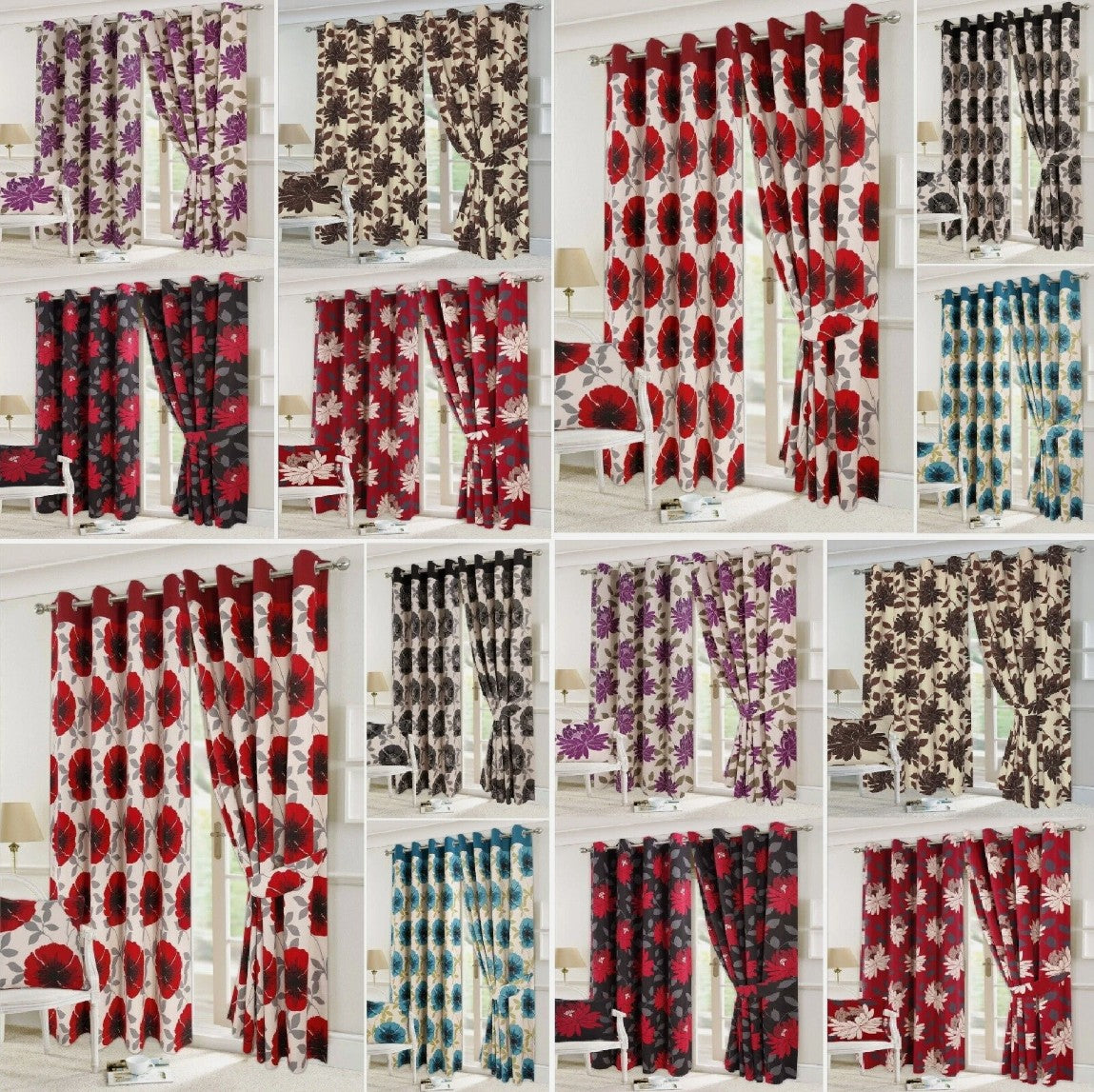 Floral Printed Fully Lined Eyelet Curtains with Tiebacks | Night Zone