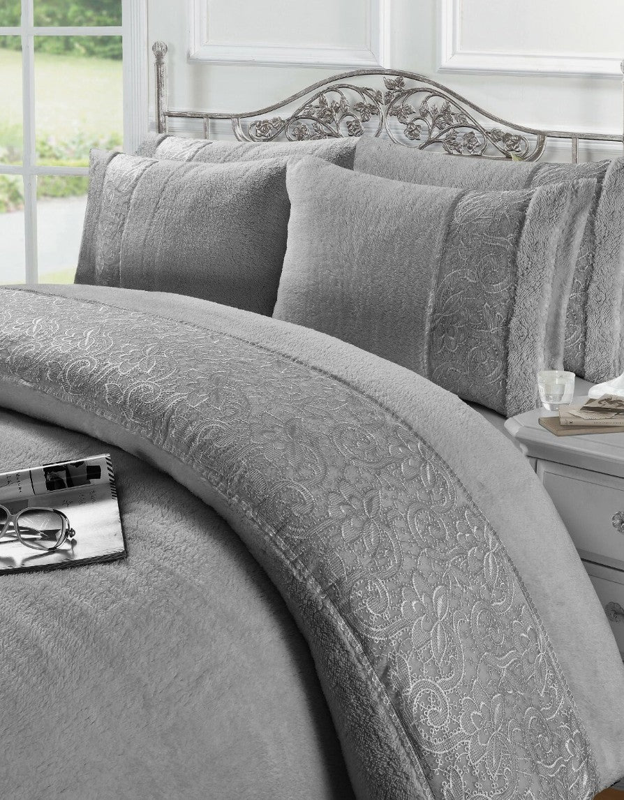 Grace Teddy Fleece Duvet Cover Set – Embroidered Lace Soft Warm Bedding | Night Zone