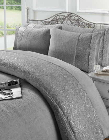 Grace Teddy Fleece Duvet Cover Set – Embroidered Lace Soft Warm Bedding | Night Zone