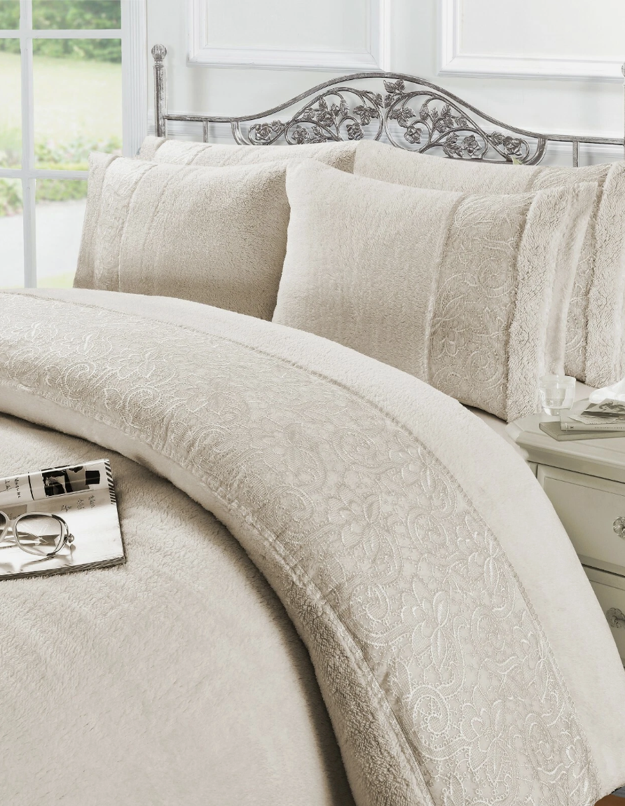 Grace Teddy Fleece Duvet Cover Set – Embroidered Lace Soft Warm Bedding | Night Zone