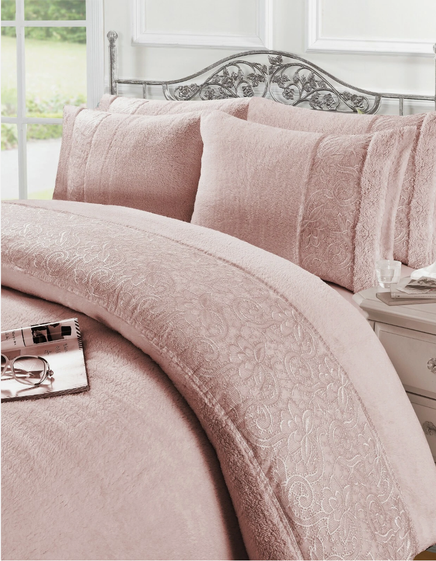 Grace Teddy Fleece Duvet Cover Set – Embroidered Lace Soft Warm Bedding | Night Zone