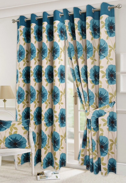 Floral Printed Fully Lined Eyelet Curtains with Tiebacks | Night Zone