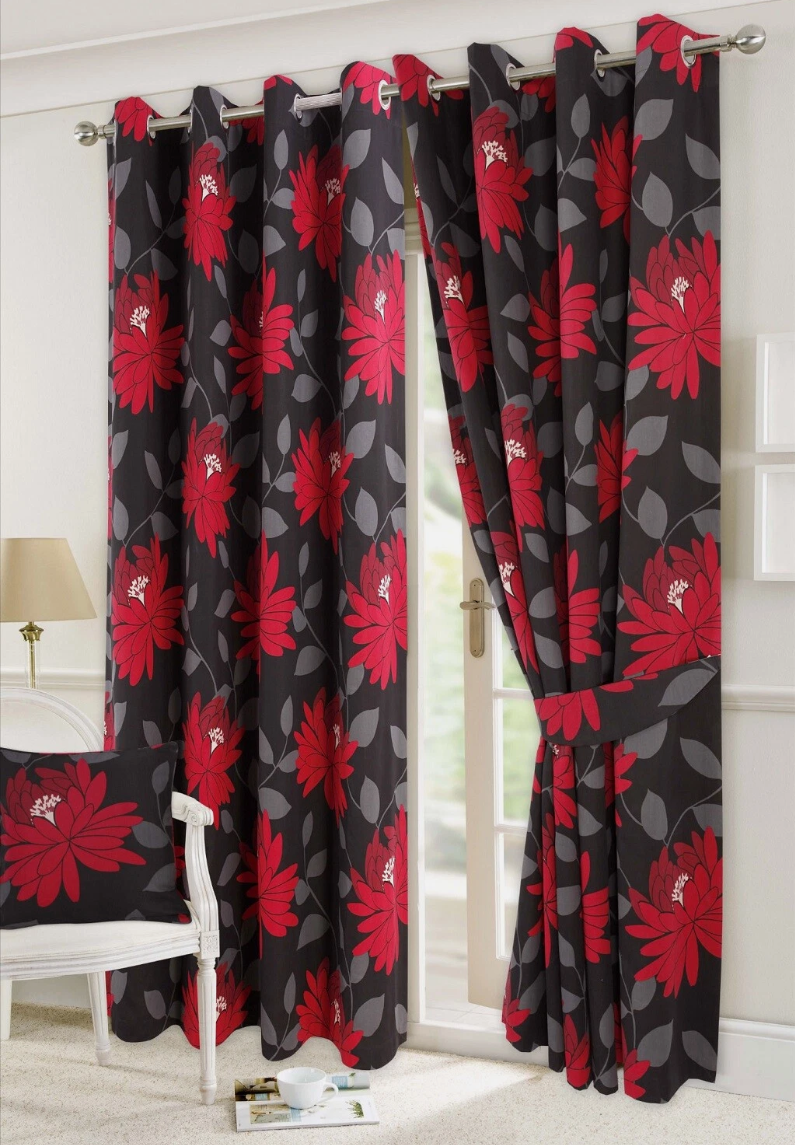 Floral Printed Fully Lined Eyelet Curtains with Tiebacks | Night Zone