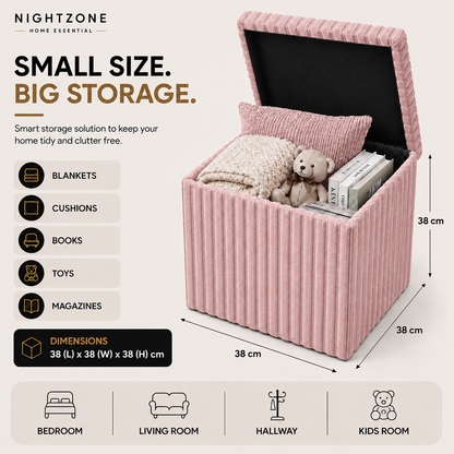 Corduroy Ribbed Foldable Storage Ottoman Box – Padded Storage Bench with Lid | Night Zone