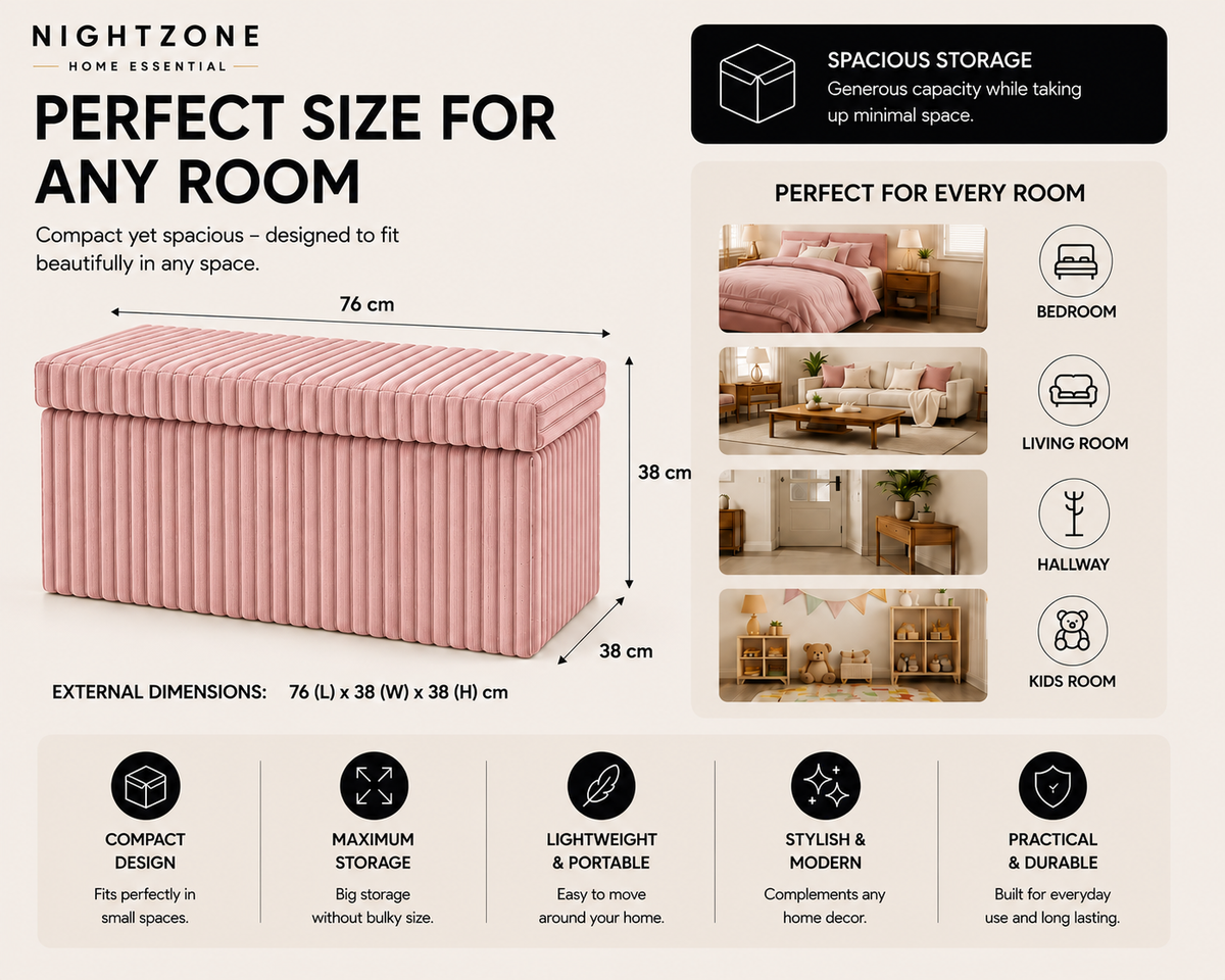 Corduroy Ribbed Foldable Storage Ottoman Box – Padded Storage Bench with Lid | Night Zone