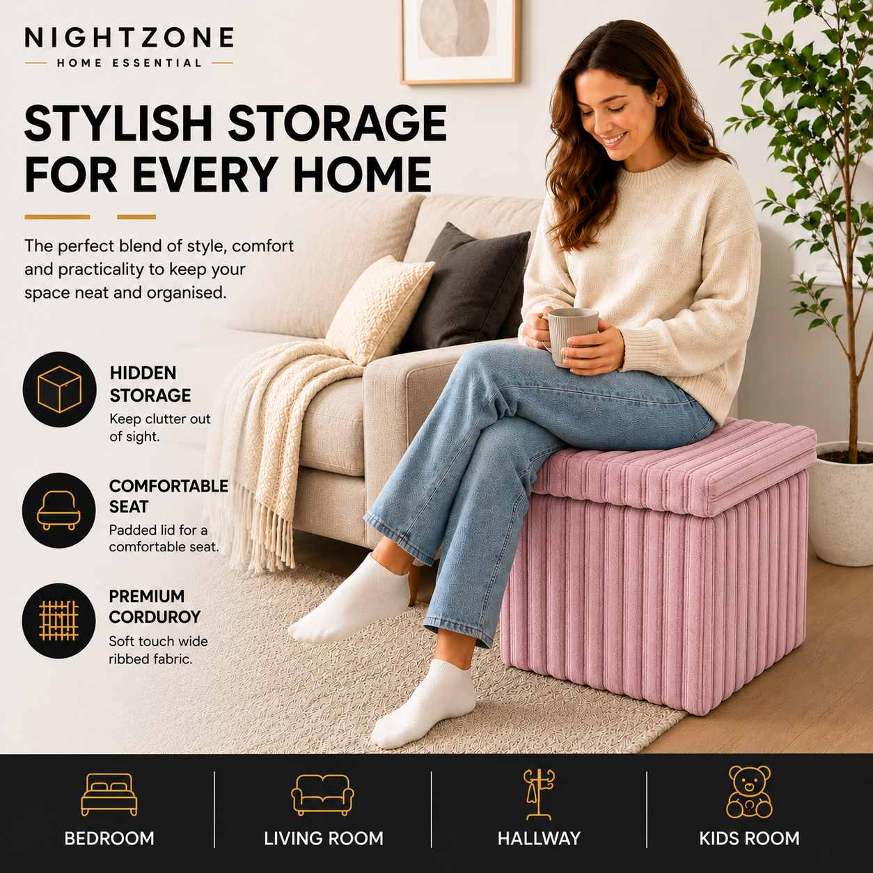 Corduroy Ribbed Foldable Storage Ottoman Box – Padded Storage Bench with Lid | Night Zone