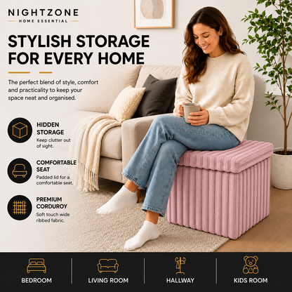 Corduroy Ribbed Foldable Storage Ottoman Box – Padded Storage Bench with Lid | Night Zone