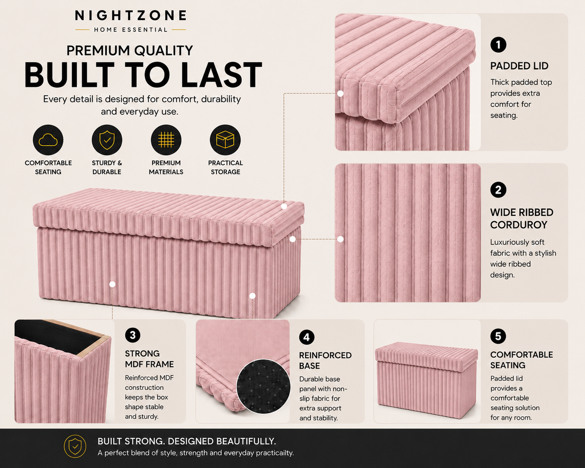 Corduroy Ribbed Foldable Storage Ottoman Box – Padded Storage Bench with Lid | Night Zone