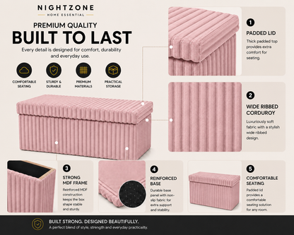 Corduroy Ribbed Foldable Storage Ottoman Box – Padded Storage Bench with Lid | Night Zone