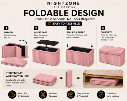 Corduroy Ribbed Foldable Storage Ottoman Box – Padded Storage Bench with Lid | Night Zone