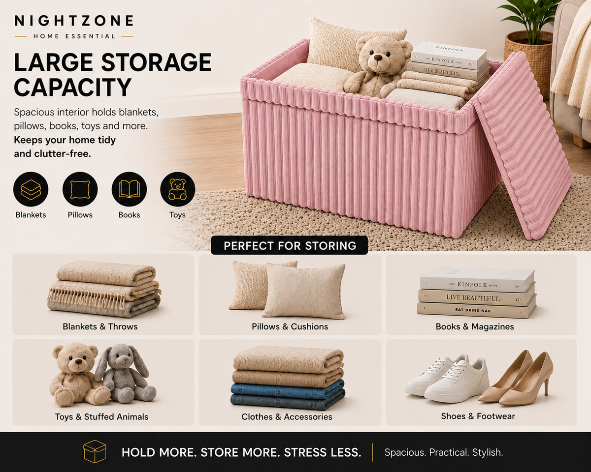 Corduroy Ribbed Foldable Storage Ottoman Box – Padded Storage Bench with Lid | Night Zone