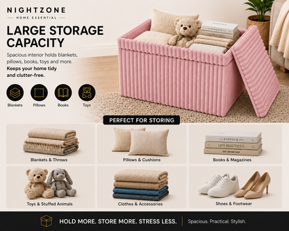 Corduroy Ribbed Foldable Storage Ottoman Box – Padded Storage Bench with Lid | Night Zone