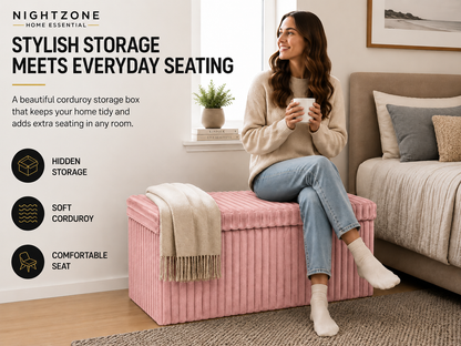 Corduroy Ribbed Foldable Storage Ottoman Box – Padded Storage Bench with Lid | Night Zone