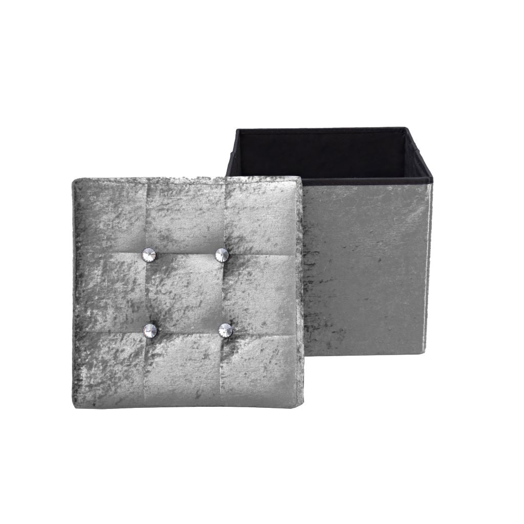 Crushed Velvet Fold-able Storage Ottoman Box – Tufted Storage Bench with Lid | Night Zone