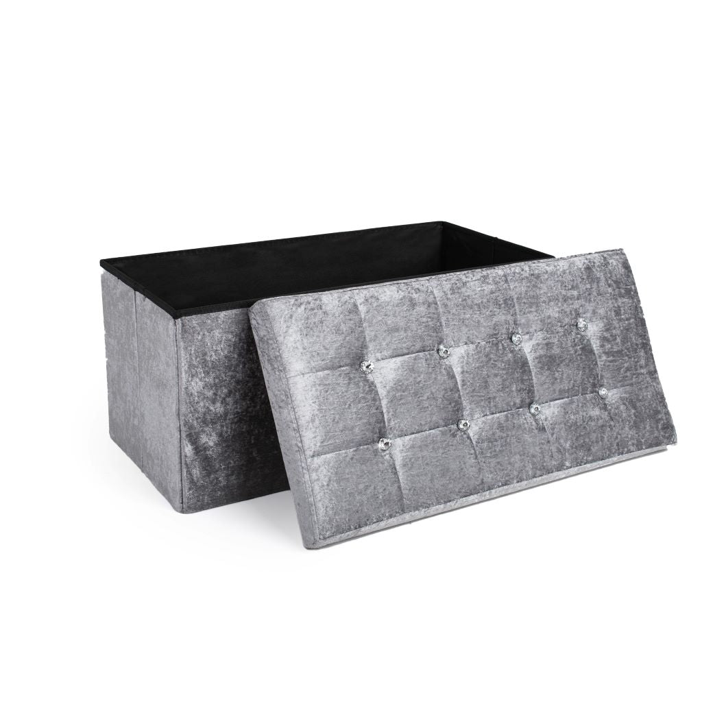 Crushed Velvet Fold-able Storage Ottoman Box – Tufted Storage Bench with Lid | Night Zone