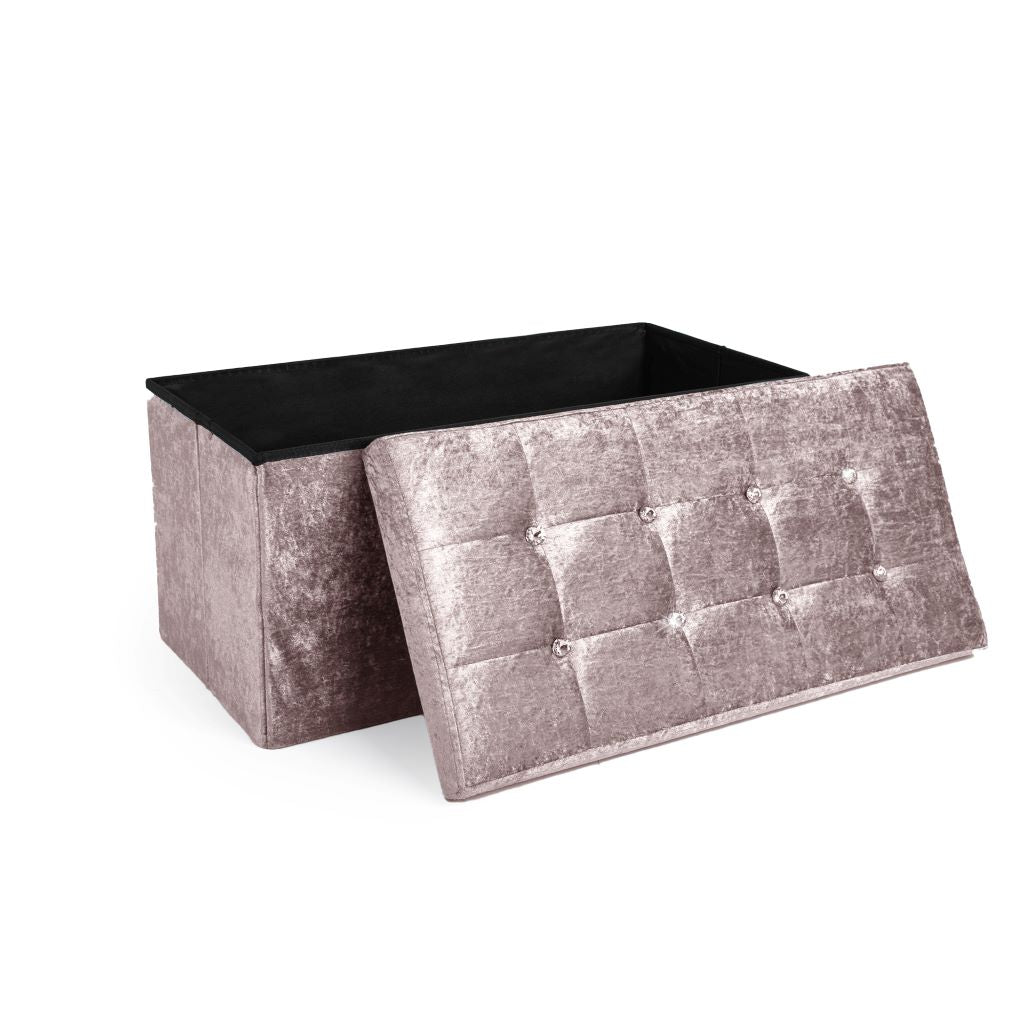 Crushed Velvet Fold-able Storage Ottoman Box – Tufted Storage Bench with Lid | Night Zone
