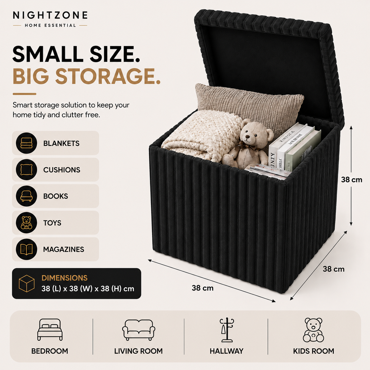 Corduroy Ribbed Foldable Storage Ottoman Box – Padded Storage Bench with Lid | Night Zone