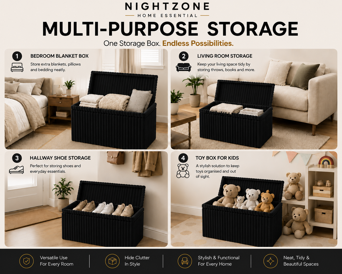 Corduroy Ribbed Foldable Storage Ottoman Box – Padded Storage Bench with Lid | Night Zone