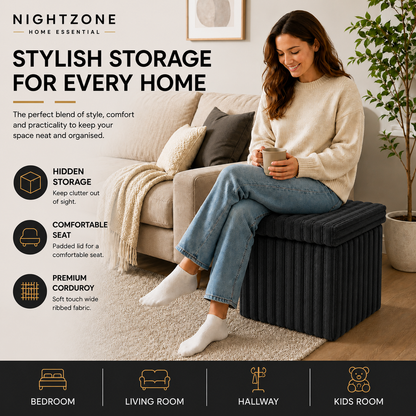 Corduroy Ribbed Foldable Storage Ottoman Box – Padded Storage Bench with Lid | Night Zone