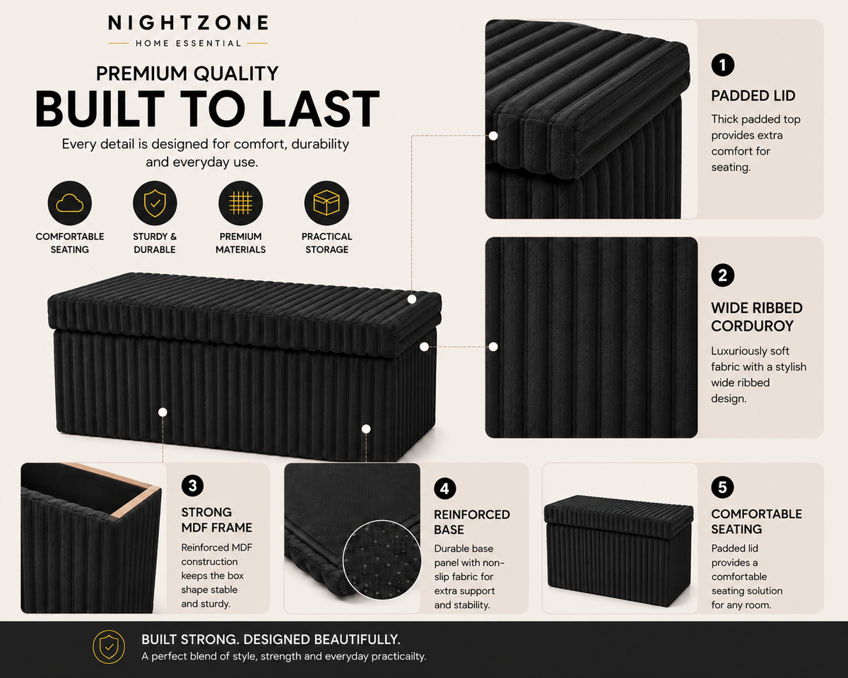 Corduroy Ribbed Foldable Storage Ottoman Box – Padded Storage Bench with Lid | Night Zone