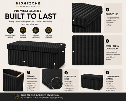 Corduroy Ribbed Foldable Storage Ottoman Box – Padded Storage Bench with Lid | Night Zone