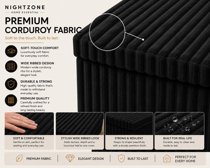 Corduroy Ribbed Foldable Storage Ottoman Box – Padded Storage Bench with Lid | Night Zone