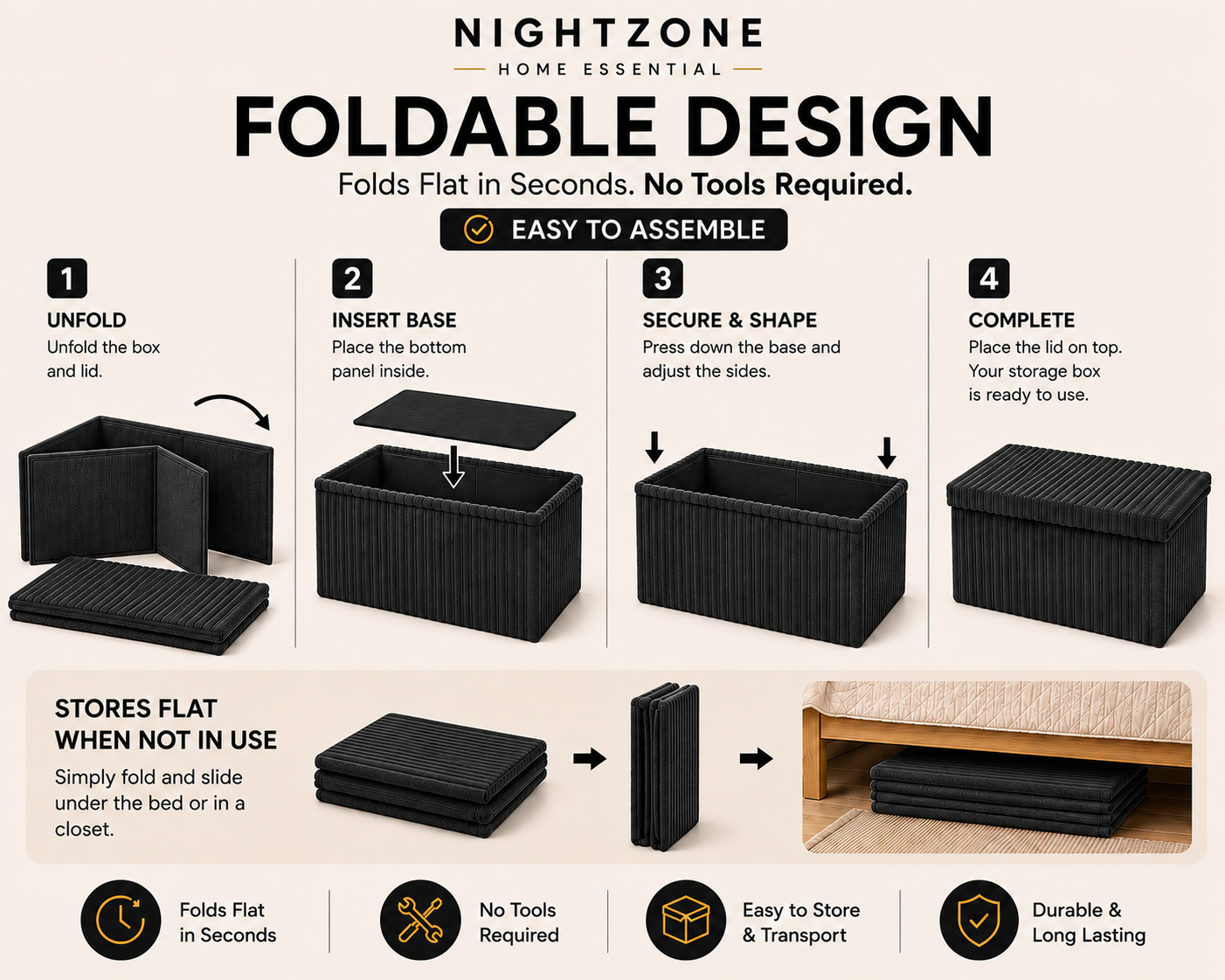 Corduroy Ribbed Foldable Storage Ottoman Box – Padded Storage Bench with Lid | Night Zone