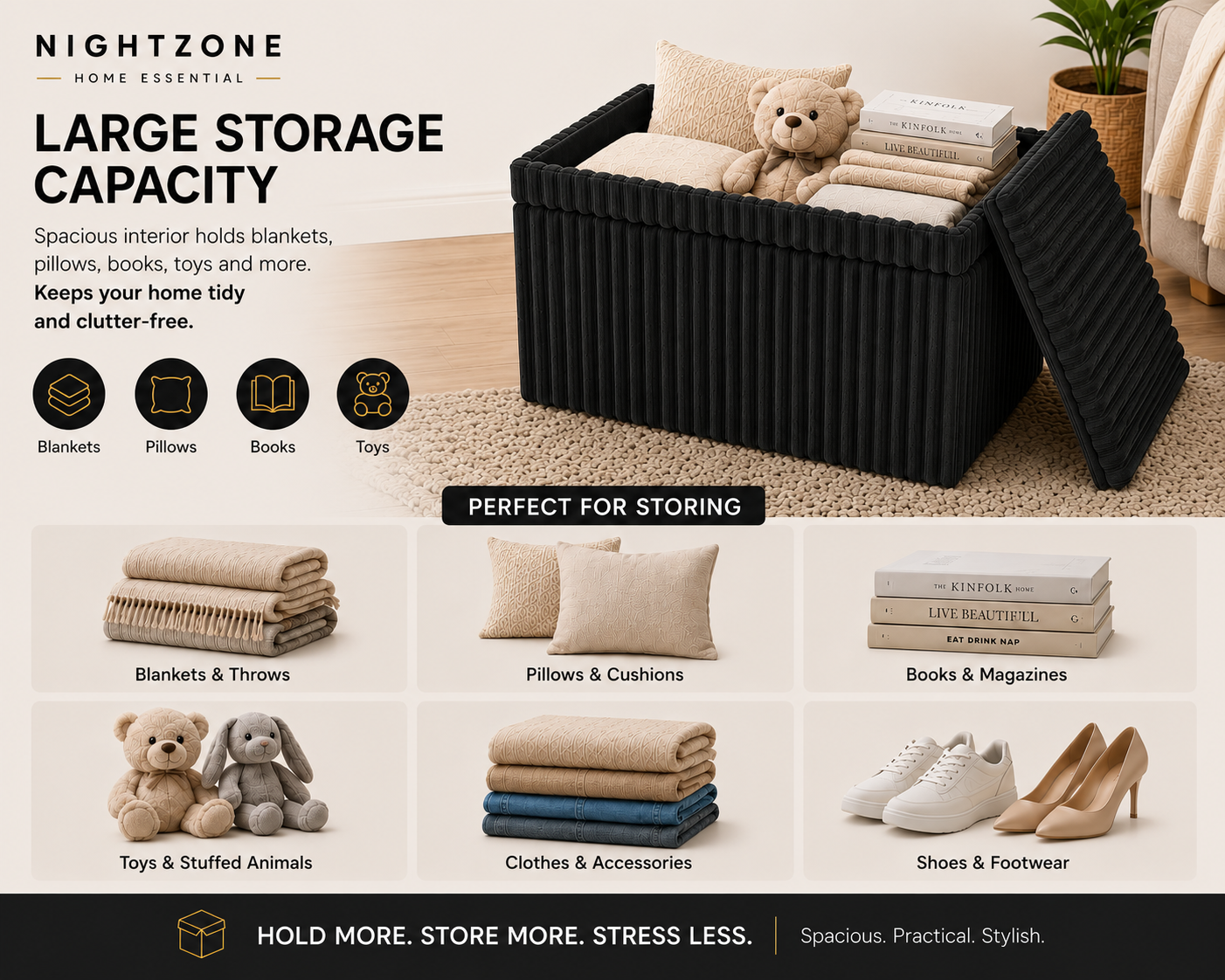 Corduroy Ribbed Foldable Storage Ottoman Box – Padded Storage Bench with Lid | Night Zone