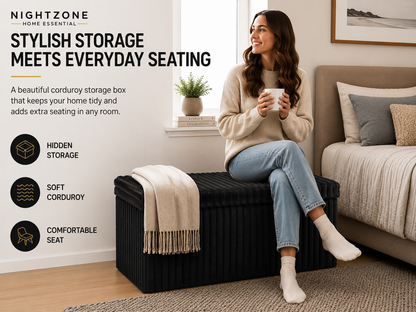 Corduroy Ribbed Foldable Storage Ottoman Box – Padded Storage Bench with Lid | Night Zone