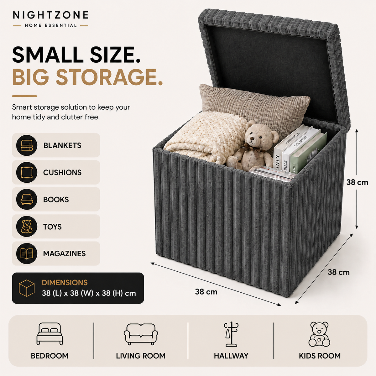 Corduroy Ribbed Foldable Storage Ottoman Box – Padded Storage Bench with Lid | Night Zone