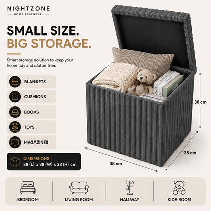 Corduroy Ribbed Foldable Storage Ottoman Box – Padded Storage Bench with Lid | Night Zone