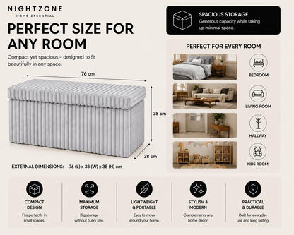 Corduroy Ribbed Foldable Storage Ottoman Box – Padded Storage Bench with Lid | Night Zone