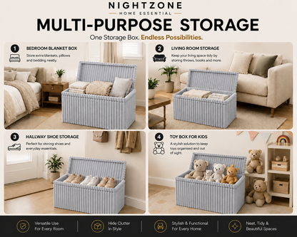 Corduroy Ribbed Foldable Storage Ottoman Box – Padded Storage Bench with Lid | Night Zone
