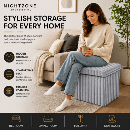 Corduroy Ribbed Foldable Storage Ottoman Box – Padded Storage Bench with Lid | Night Zone