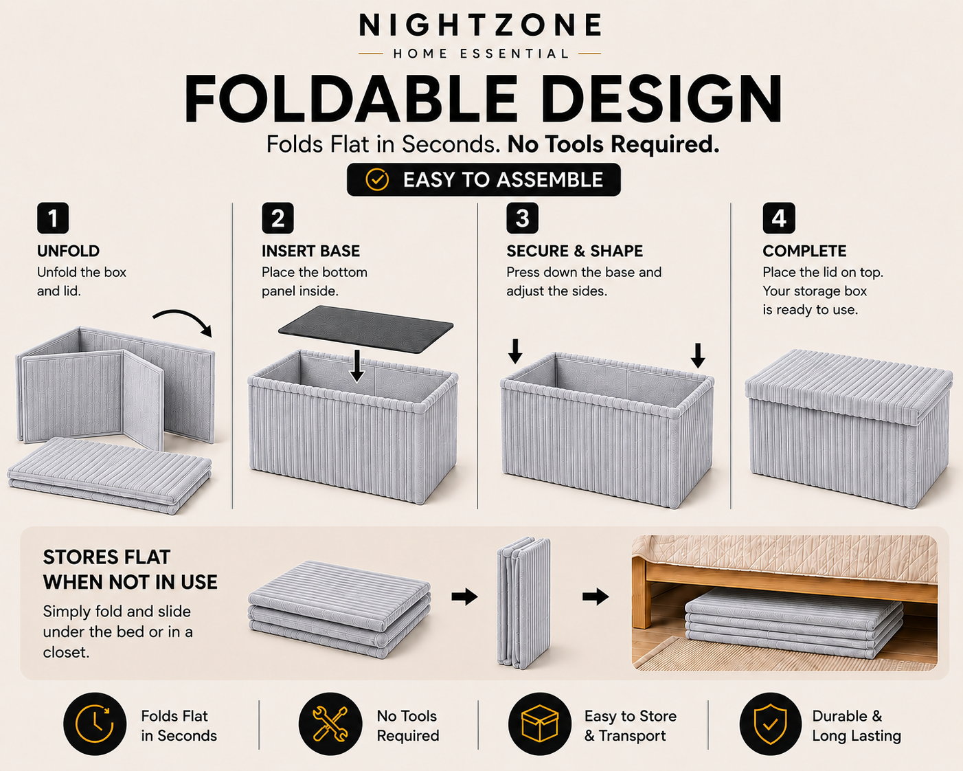Corduroy Ribbed Foldable Storage Ottoman Box – Padded Storage Bench with Lid | Night Zone