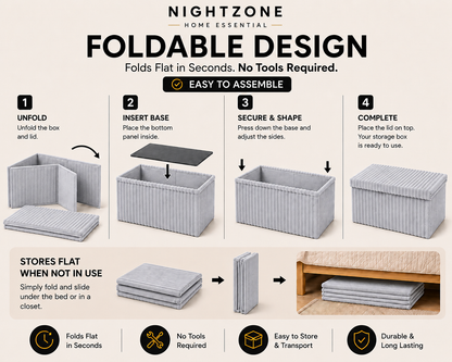 Corduroy Ribbed Foldable Storage Ottoman Box – Padded Storage Bench with Lid | Night Zone